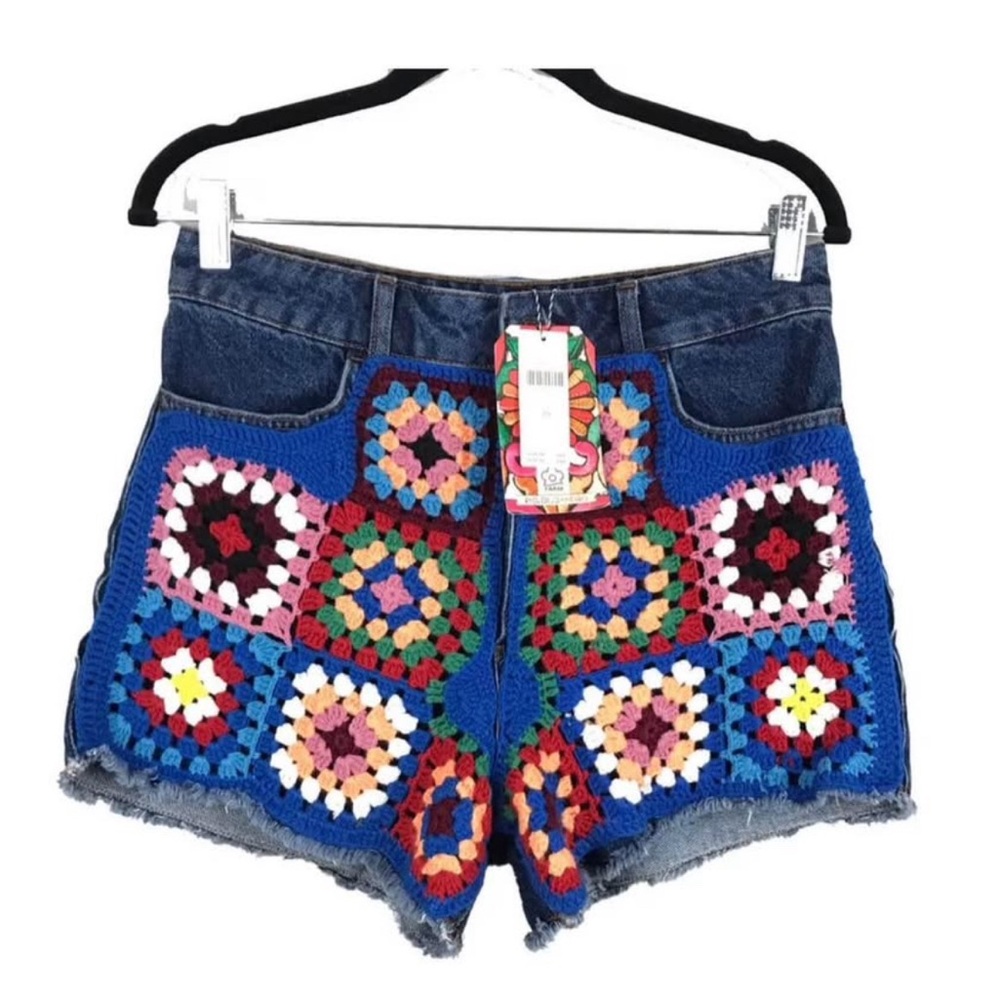 Anthropologie/Farm Rio High-Rise Crochet Denim Shorts Granny Squares Size 29